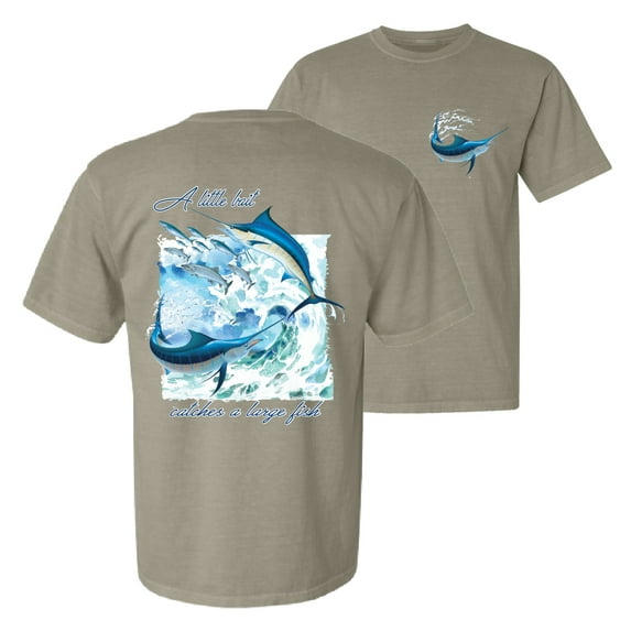 Wild Bobby, A Little Bait Catches a Large Fish Swordfish, Fishing, Front and Back Garment-Dyed Short Sleeve Tees, Sand, 2XL