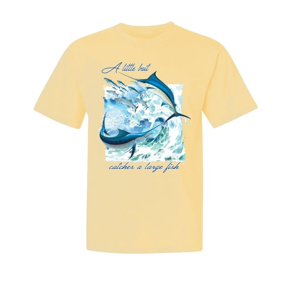 Wild Bobby, A Little Bait Catches a Large Fish Swordfish, Garment-Dyed Washed Look Short Sleeve Tees, Banana, Large