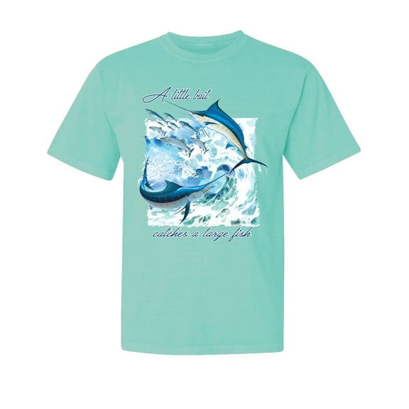 Wild Bobby, A Little Bait Catches a Large Fish Swordfish, Garment-Dyed Washed Look Short Sleeve Tees, Mint, Medium