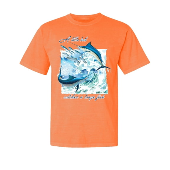 Wild Bobby, A Little Bait Catches a Large Fish Swordfish, Garment-Dyed Washed Look Short Sleeve Tees, Neon Orange, Small