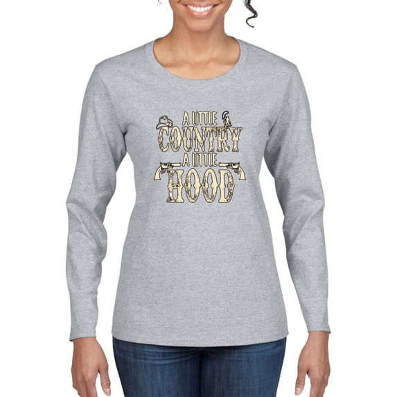 Wild Bobby, A Little Country, A Little Hood, Pop Culture, Women Graphic Long Sleeve Tee, Heather Grey, Small