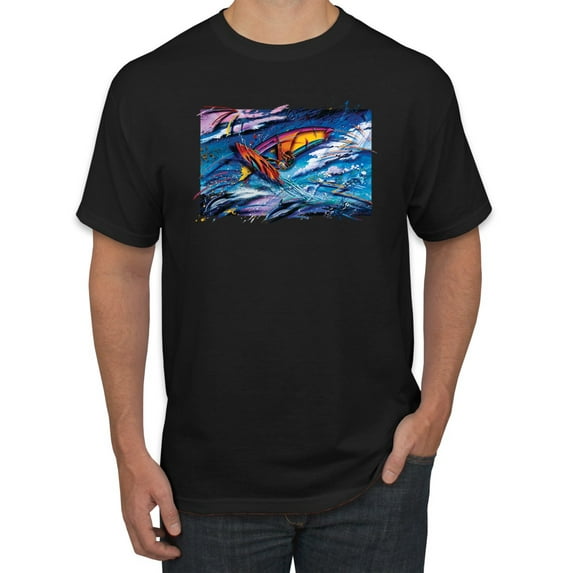 Wild Bobby, Abstract Wind Surfer with Dolphins, Animal Lover, Men Graphic Tees, Black, Small