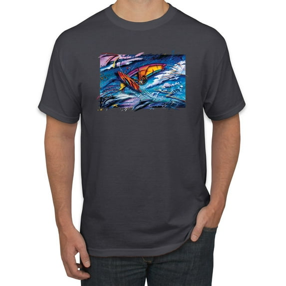 Wild Bobby, Abstract Wind Surfer with Dolphins, Animal Lover, Men Graphic Tees, Charcoal, 4XL