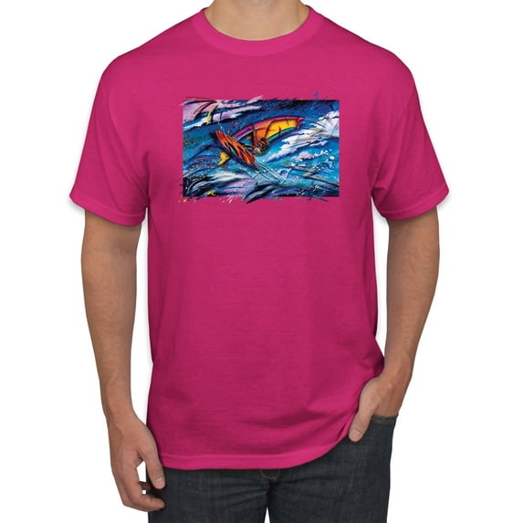 Wild Bobby, Abstract Wind Surfer with Dolphins, Animal Lover, Men Graphic Tees, Fuschia, X-Large