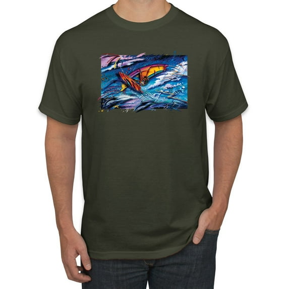Wild Bobby, Abstract Wind Surfer with Dolphins, Animal Lover, Men Graphic Tees, Military Green, 4XL