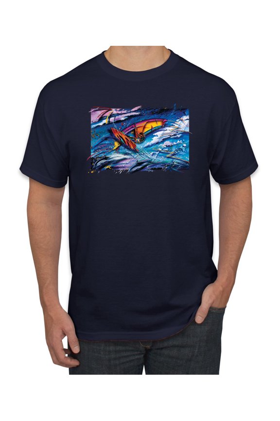 , Abstract Wind Surfer with Dolphins, Animal Lover, Men Graphic Tees, Navy, Large