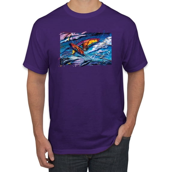 Wild Bobby, Abstract Wind Surfer with Dolphins, Animal Lover, Men Graphic Tees, Purple, 3XL