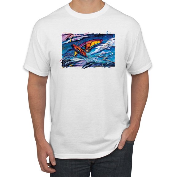 Wild Bobby, Abstract Wind Surfer with Dolphins, Animal Lover, Men Graphic Tees, White, Large