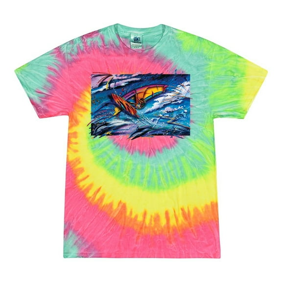 Wild Bobby, Abstract Wind Surfer with Dolphins, Animal Lover, Tie-Dye Tees, Minty Rainbow, X-Large