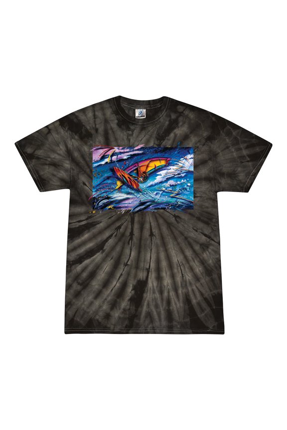 , Abstract Wind Surfer with Dolphins, Animal Lover, Tie-Dye Tees, Spiral Black, Small