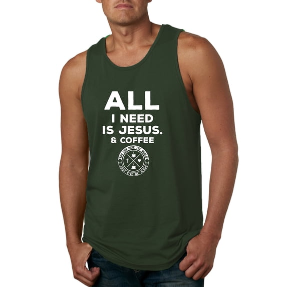 Wild Bobby, All I Need is Jesus & Coffee Inspirational/Christian Men Graphic Tank Top, Forest Green, X-Large