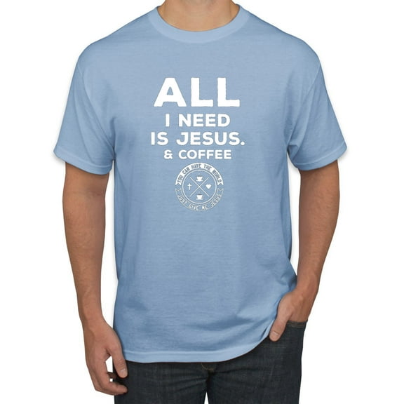 Wild Bobby, All I Need is Jesus & Coffee Inspirational/Christian Men Graphic Tee, Light Blue, Large