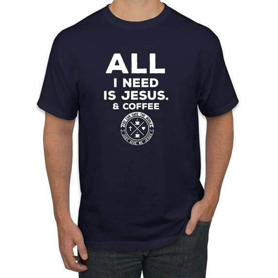 Wild Bobby All I Need is Jesus & Coffee Inspirational/Christian Men Graphic Tee, Navy, 4X-Large