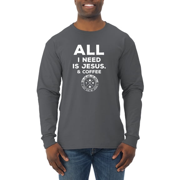 Wild Bobby, All I Need is Jesus & Coffee Inspirational/Christian Men Long Sleeve Shirt, Charcoal, Medium