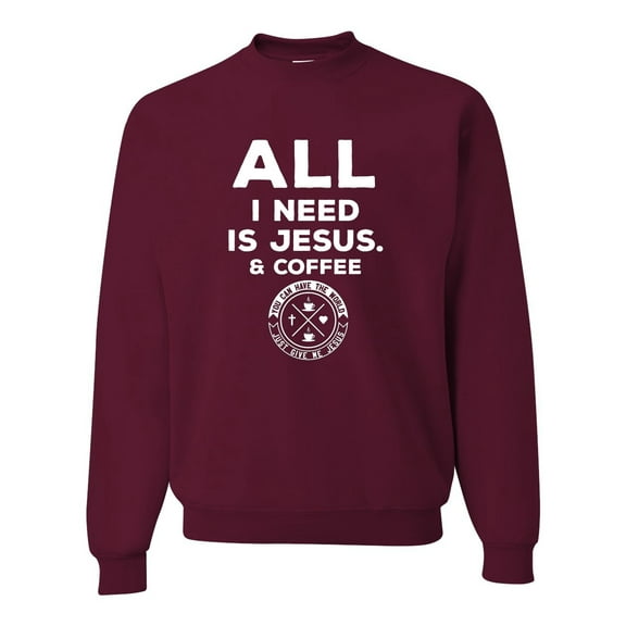 Wild Bobby, All I Need is Jesus & Coffee Inspirational/Christian Unisex Crewneck Graphic Sweatshirt, Maroon, Large