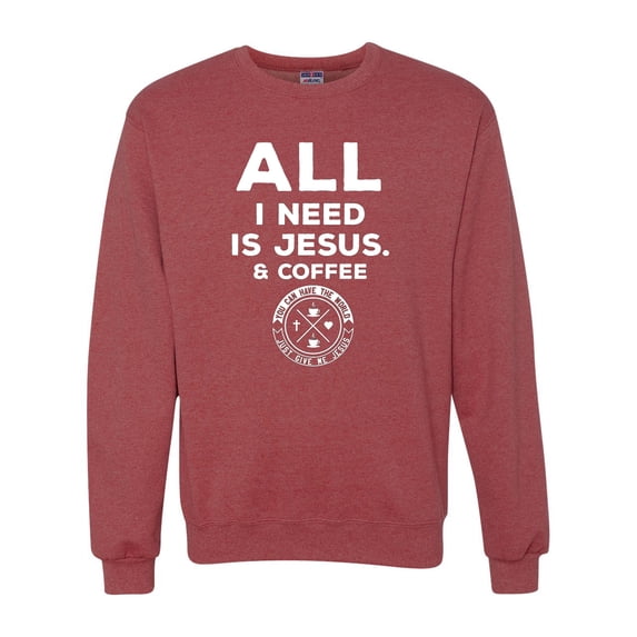 Wild Bobby, All I Need is Jesus & Coffee Inspirational/Christian Unisex Crewneck Graphic Sweatshirt, Vintage Heather Red, Small