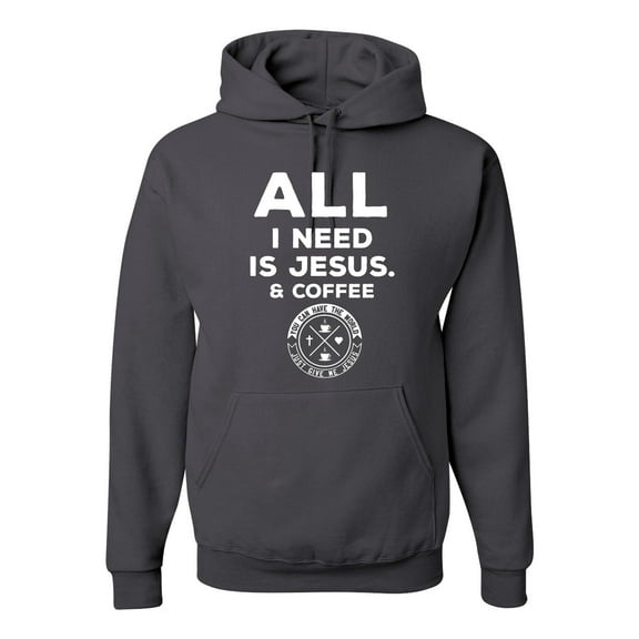 Wild Bobby, All I Need is Jesus & Coffee Inspirational/Christian Unisex Graphic Hoodie Sweatshirt, Charcoal, Small