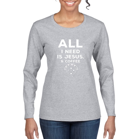 Wild Bobby All I Need is Jesus & Coffee Inspirational/Christian Women Graphic Long Sleeve Tee, Heather Grey, X-Large