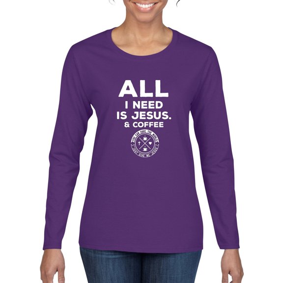 Wild Bobby All I Need is Jesus & Coffee Inspirational/Christian Women Graphic Long Sleeve Tee, Purple, Medium