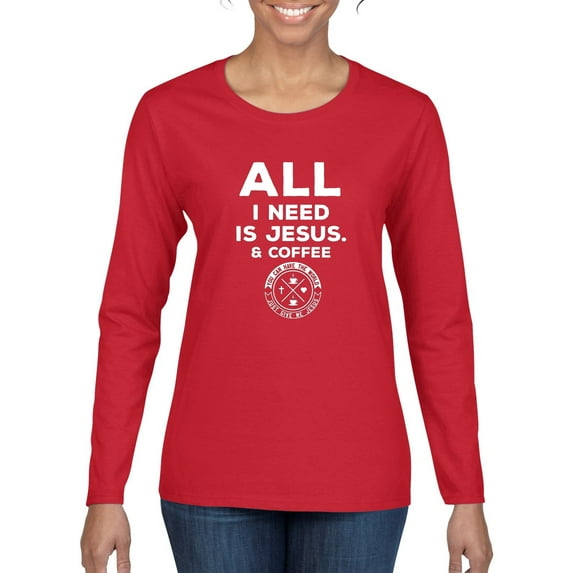 Wild Bobby, All I Need is Jesus & Coffee Inspirational/Christian Women Graphic Long Sleeve Tee, Red, Medium