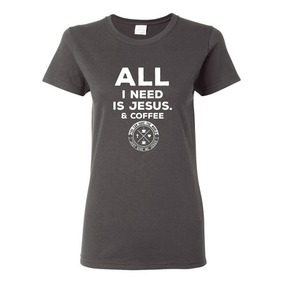 Wild Bobby All I Need is Jesus & Coffee Inspirational/Christian Women Graphic Tee, Charcoal, Small
