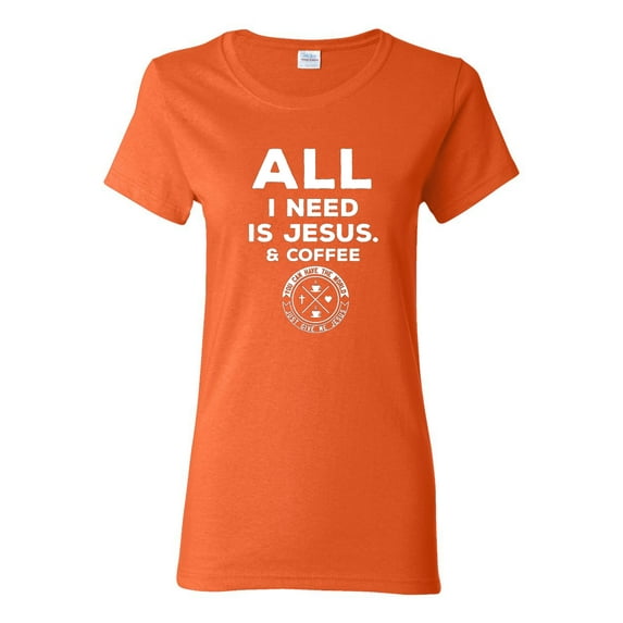 Wild Bobby All I Need is Jesus & Coffee Inspirational/Christian Women Graphic Tee, Orange, Medium