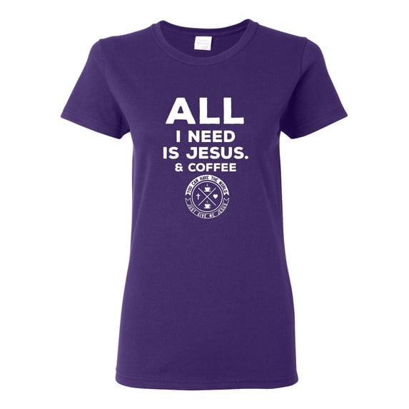 Wild Bobby All I Need is Jesus & Coffee Inspirational/Christian Women Graphic Tee, Purple, Large