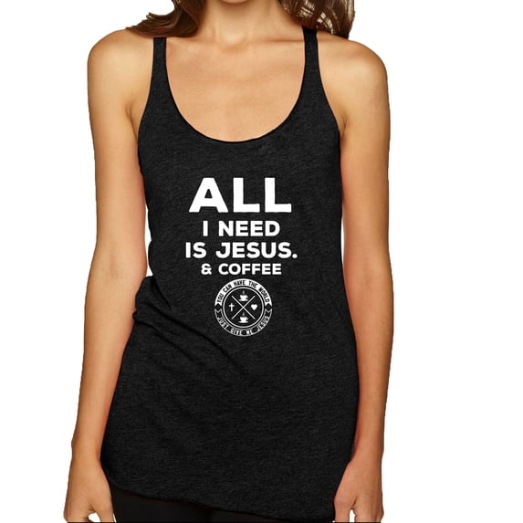 Wild Bobby All I Need is Jesus & Coffee Inspirational/Christian Women Tri-Blend Racerback Tank Top, Vintage Black, Small