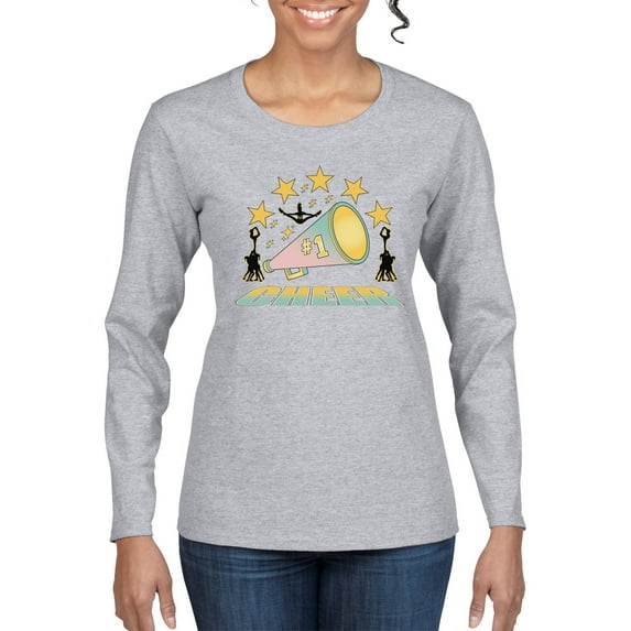 Wild Bobby All Star Cheerleading Megaphone Girl Sports Women Graphic Long Sleeve Tee, Heather Grey, Medium