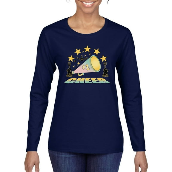 Wild Bobby All Star Cheerleading Megaphone Girl Sports Women Graphic Long Sleeve Tee, Navy, Large