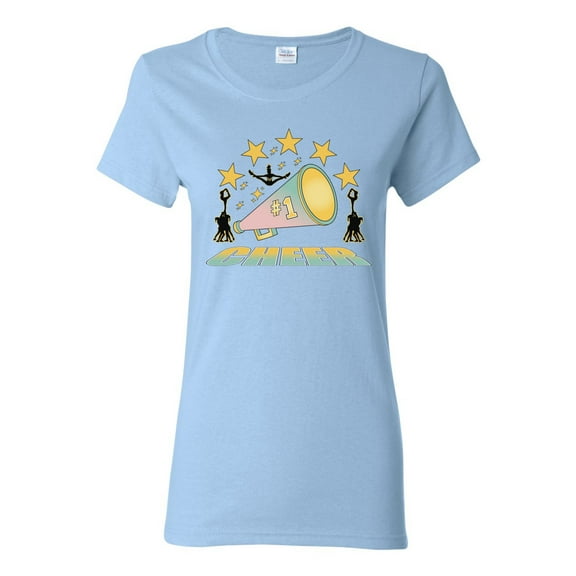 Wild Bobby All Star Cheerleading Megaphone Girl Sports Women Graphic Tee, Light Blue, X-Large