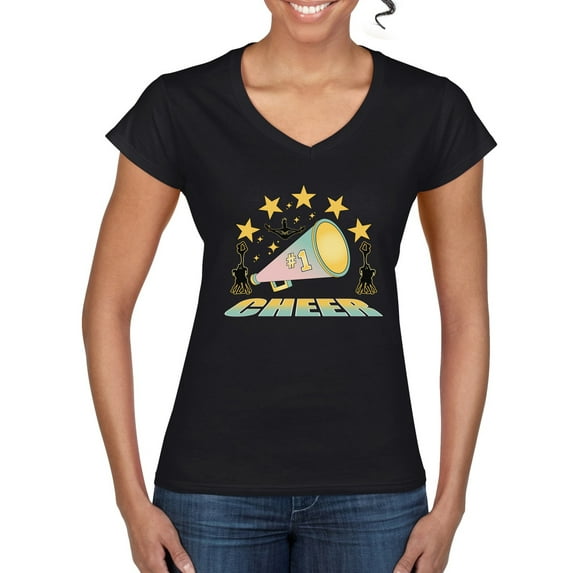 Wild Bobby All Star Cheerleading Megaphone Girl Sports Women Standard V-Neck Tee, Black, Small