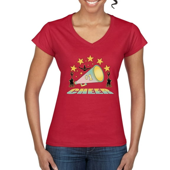 Wild Bobby All Star Cheerleading Megaphone Girl Sports Women Standard V-Neck Tee, Red, Medium