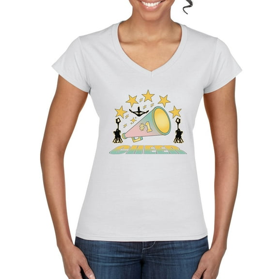 Wild Bobby All Star Cheerleading Megaphone Girl Sports Women Standard V-Neck Tee, White, Small