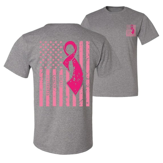 Wild Bobby, American, Breast Cancer Awareness, Flag, Breast Cancer Awareness, Front and Back Men Graphic Tee, Heather Grey, Large