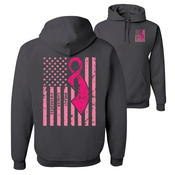 Wild Bobby, American, Breast Cancer Awareness, Flag, Breast Cancer Awareness, Front and Back Unisex Graphic Hoodie Sweatshirt, Charcoal, Small