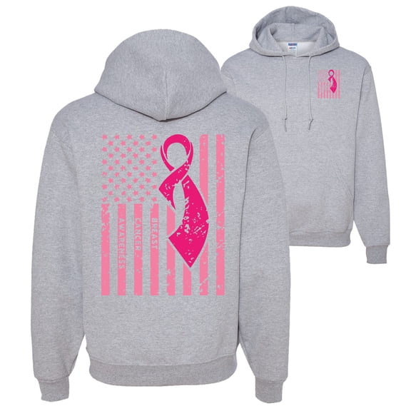 Wild Bobby, American, Breast Cancer Awareness, Flag, Breast Cancer Awareness, Front and Back Unisex Graphic Hoodie Sweatshirt, Heather Grey, Small