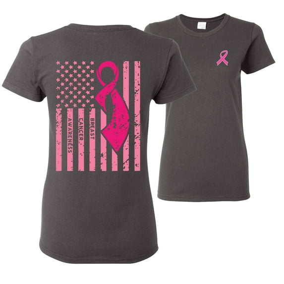 Wild Bobby, American, Breast Cancer Awareness, Flag, Breast Cancer Awareness, Front and Back Women Graphic Tee, Charcoal, X-Large