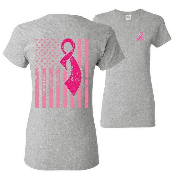 Wild Bobby, American, Breast Cancer Awareness, Flag, Breast Cancer Awareness, Front and Back Women Graphic Tee, Heather Grey, XX-Large