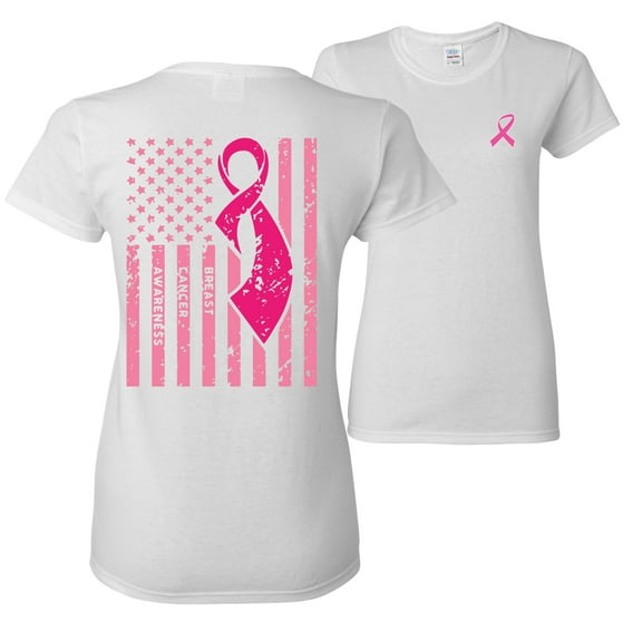 Wild Bobby, American, Breast Cancer Awareness, Flag, Breast Cancer Awareness, Front and Back Women Graphic Tee, White, Large