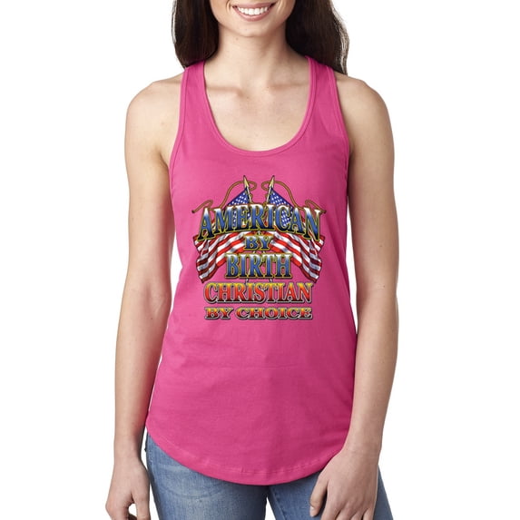 Wild Bobby, American By Birth Christian By Choice USA Flag Inspirational/Christian Ladies Racerback Tank Top, Raspberry, X-Large
