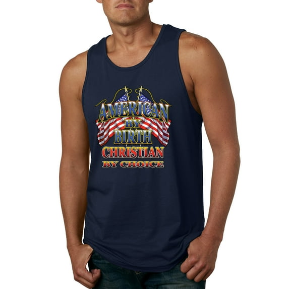 Wild Bobby, American By Birth Christian By Choice USA Flag Inspirational/Christian Mens Graphic Tank Top, Navy, Small