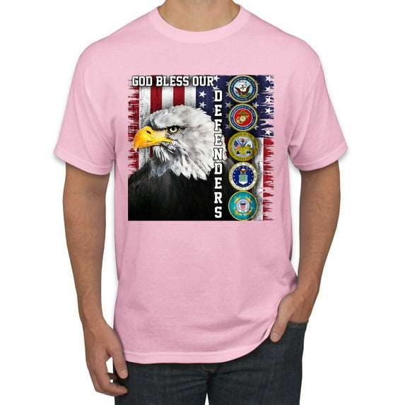 Wild Bobby, American Flag Godbless our Defenders Branches of Military, Men Graphic Tees, Light Pink, 4XL