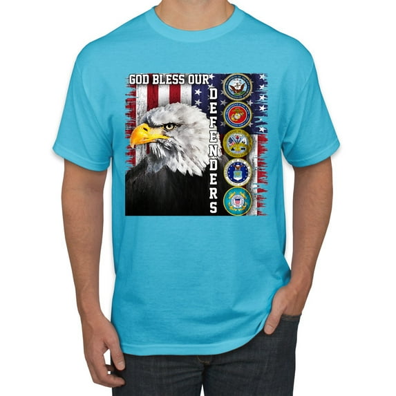 Wild Bobby, American Flag Godbless our Defenders Branches of Military, Men Graphic Tees, Light Turquoise, 5XL