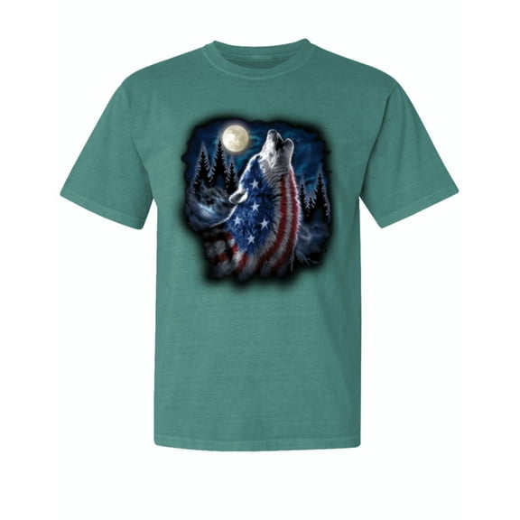 Wild Bobby, American Flag Howling Wolf, Animal Lover, Garment-Dyed Washed Look Short Sleeve T-Shirt, Emerald, Small