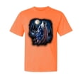 thumbnail image 1 of Wild Bobby, American Flag Howling Wolf, Animal Lover, Garment-Dyed Washed Look Short Sleeve T-Shirt, Neon Orange, 2XL, 1 of 3