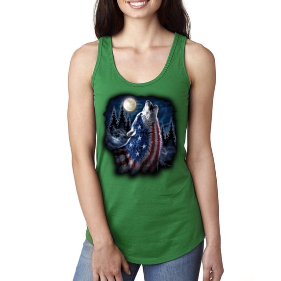 Wild Bobby, American Flag Howling Wolf Animal Lover Ladies Racerback Tank Top, Kelly, Medium