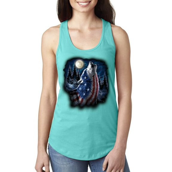 Wild Bobby, American Flag Howling Wolf Animal Lover Ladies Racerback Tank Top, Tahiti Blue, Small
