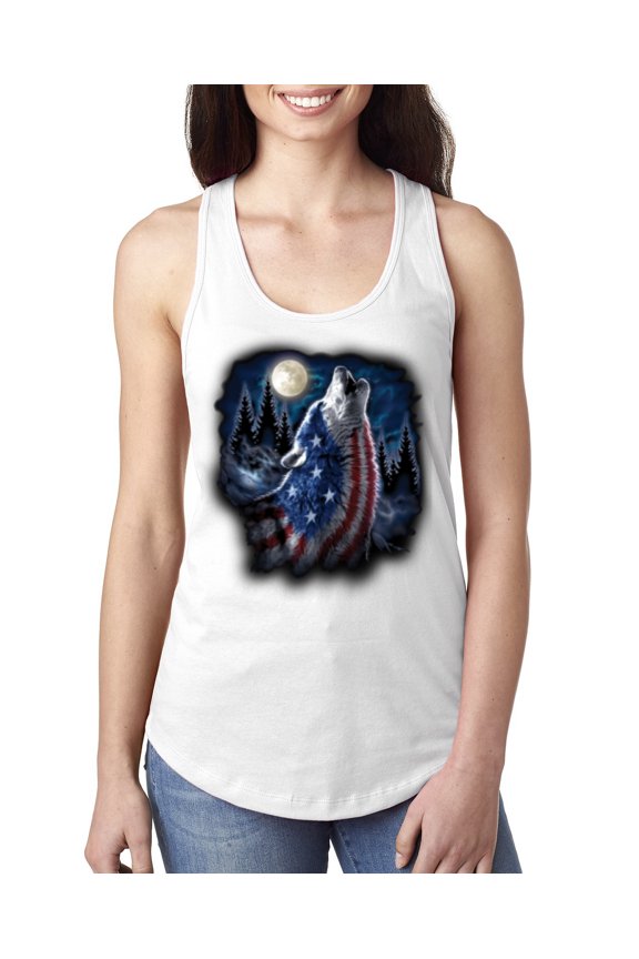 , American Flag Howling Wolf Animal Lover Ladies Racerback Tank Top, White, Small