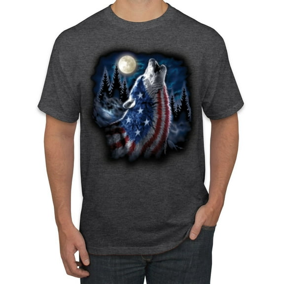 Wild Bobby, American Flag Howling Wolf Animal Lover Men's Graphic T-Shirt, Heather Black, Large